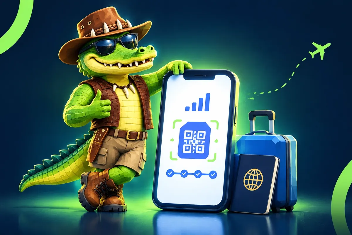 Friendly green crocodile traveller checking an eSIM on a smartphone before an overseas trip