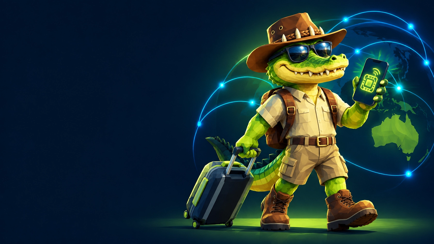 A friendly low-poly crocodile traveller with a smartphone against a navy background with bright green network accents