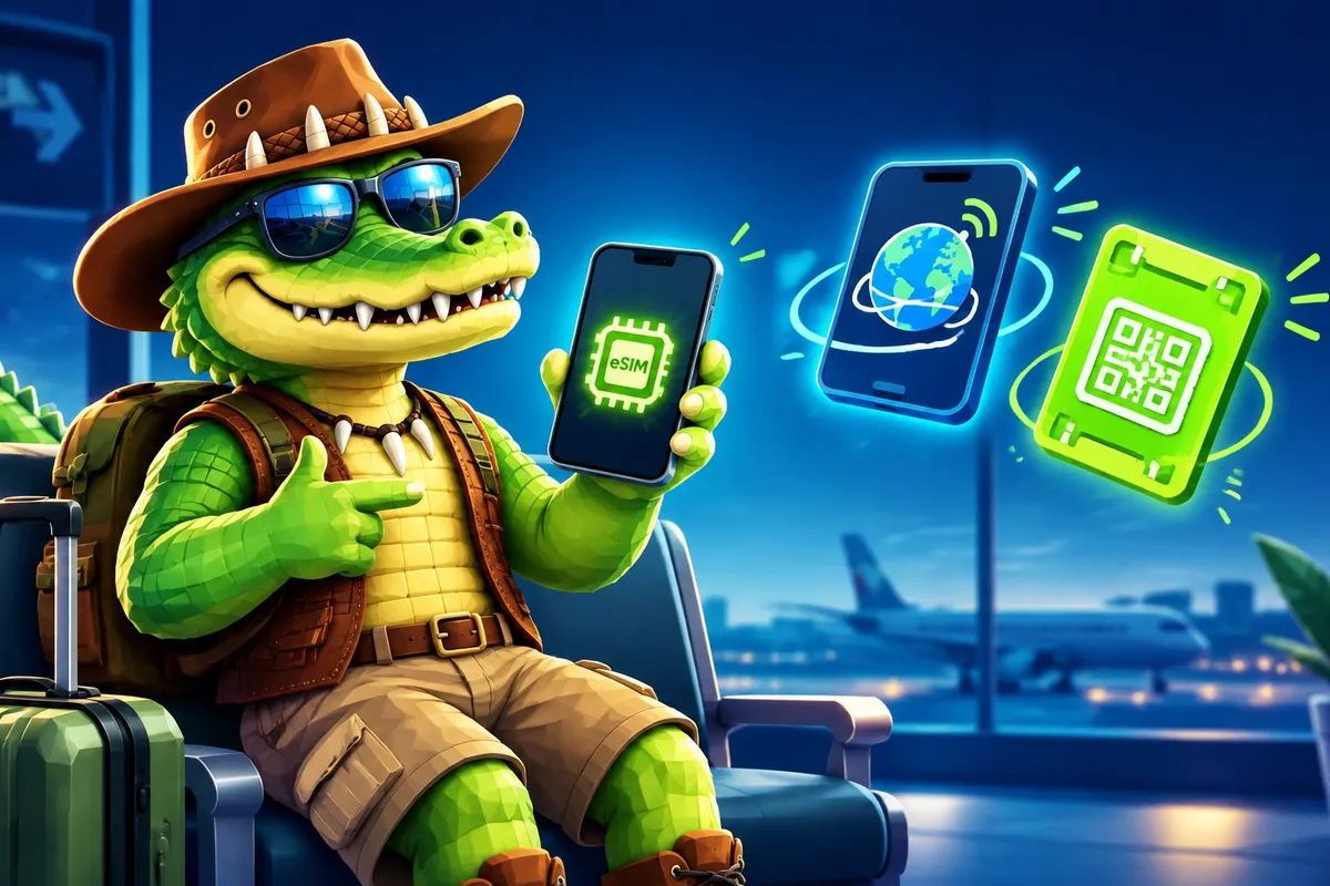 A friendly low-poly travel crocodile compares carrier roaming with a digital travel eSIM at an airport