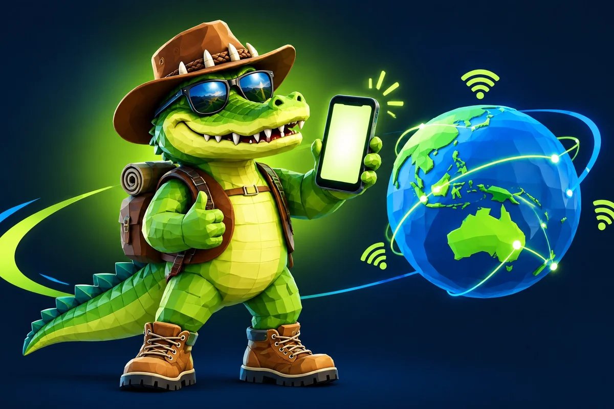 A friendly crocodile travel mascot with a smartphone, globe and mobile signal icons on a navy and lime background